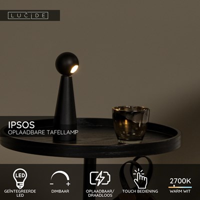 Lucide IPSOS - Oplaadbare Tafellamp - Accu/Batterij - LED Dimb. - 1x3W 2700K - Zwart